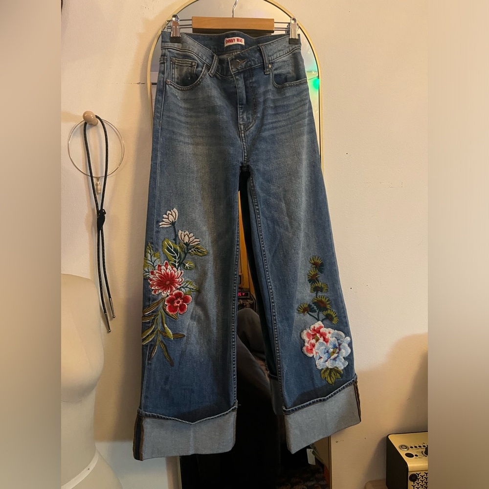 Johnny Was Floral Embroidered Wide Leg Jeans